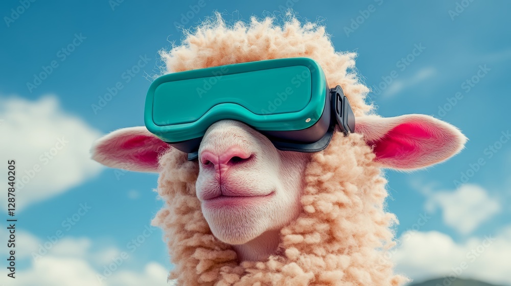 Poster sheep wearing virtual reality goggles. the sheep is smiling and looking at the camera. the image has
