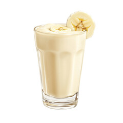 Creamy banana smoothie in glass, topped with banana slices, perfect for refreshing drink. Enjoy delicious blend of flavors