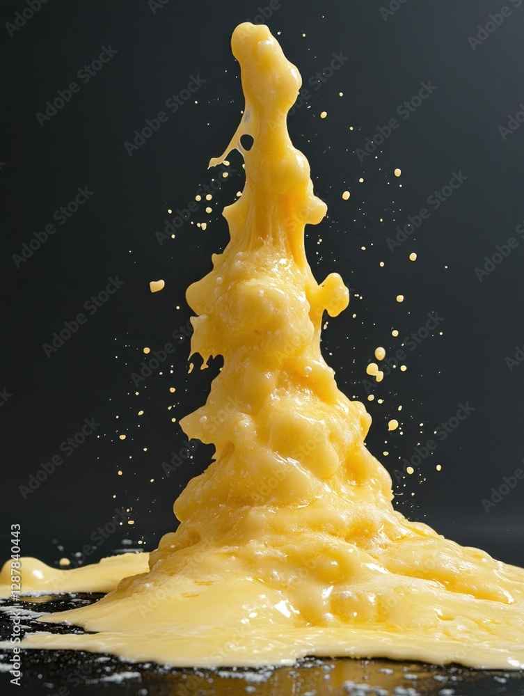 Poster erupting yellow liquid forms an abstract tower against a dark backdrop dynamic splash motion
