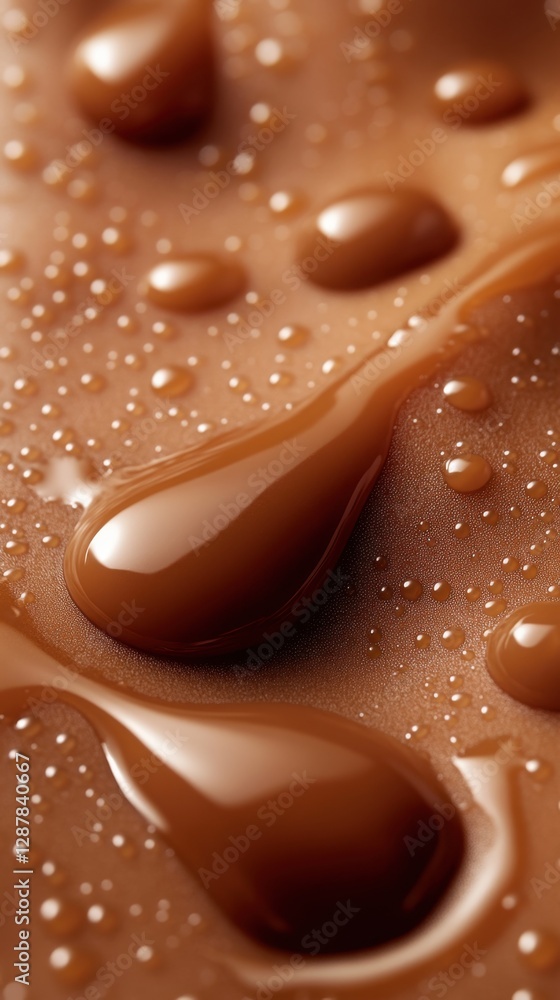 Poster decadent chocolate drops on smooth surface creating a rich texture with glossy reflections and invit