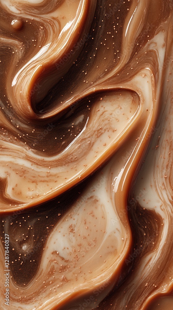 Poster swirling caramel cream texture abstract background with sparkling glimmering particles and smooth fl