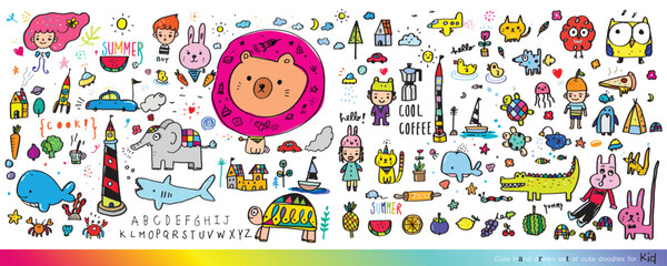 Fototapeta premium Collection of hand drawn cute doodles,Doodle children drawing,Sketch set of drawings in child style,Funny Doodle Hand Drawn,Page for coloring, cute animal hand drawn, cute Doodle