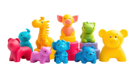 Colorful collection of plastic animals and toys arranged in a fun display for children's playtime