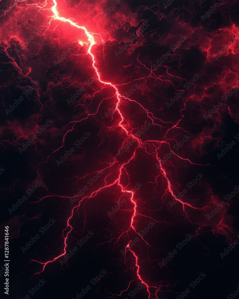 Poster dramatic red lightning strikes through dark storm clouds creating an intense and powerful atmospheri