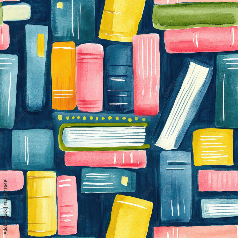 Poster many colorful books lying down together in a messy stack on a solid dark blue background