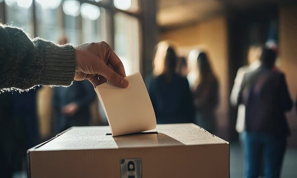 A hand placing a ballot into a voting box, symbolizing civic engagement and democratic participation.