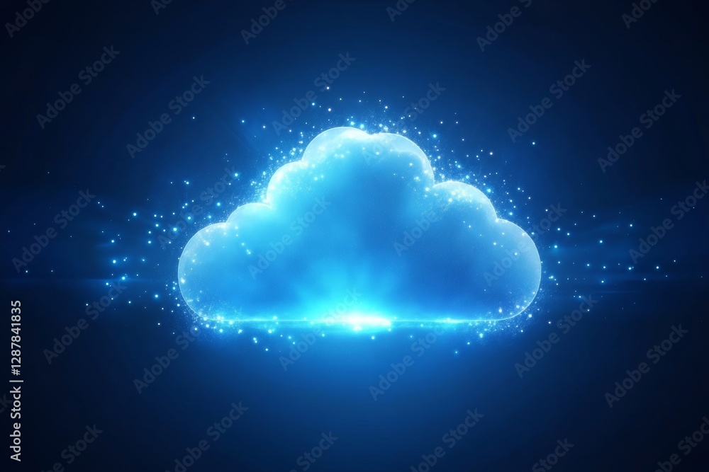 Poster digital clouds with data points and network connections.