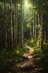 Obraz premium Mystical Forest Path Leading to Hidden Glade with Dappled Sunlight through Lush Tree Canopy