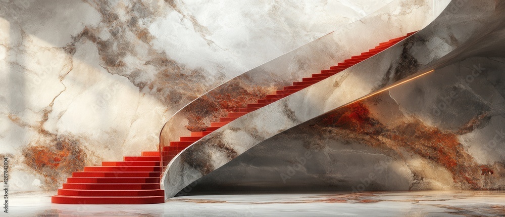 Poster elegant spiral staircase with red carpet against a marble wall creating a luxurious and modern archi