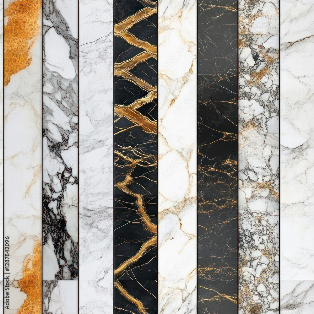 Poster marble slabs in studio, showcasing different patterns & colors. white background