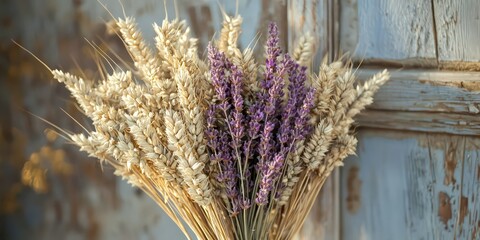 Farmhouse-style bouquet with dried lavender and wheat stalks.