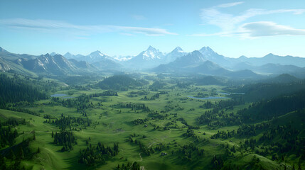 Vast Green Valley and Majestic Mountains under a Sunny Sky