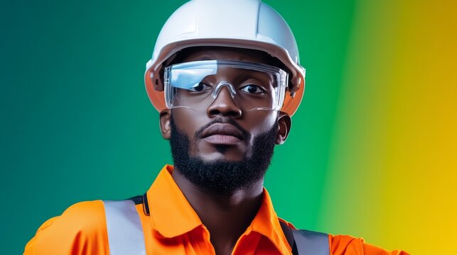 Man in an orange shirt and safety glasses is standing in front of a green background. He is a construction worker or a laborer