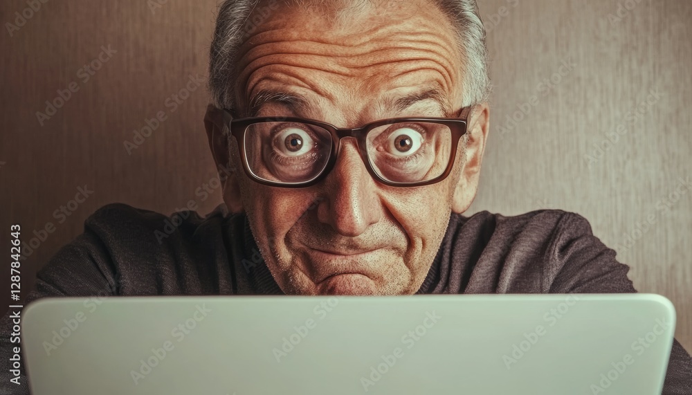 Poster man with glasses is looking at a laptop computer. he has a surprised expression on his face