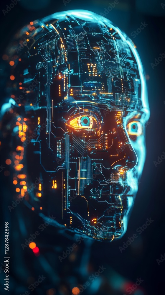 Aufkleber futuristic cybernetic humanoid face with glowing blue digital circuits and orange highlights, close-