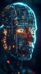 Futuristic cybernetic humanoid face with glowing blue digital circuits and orange highlights, close-up view. Artificial intelligence and technology concept
