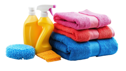 Cleaning supplies arranged with colorful towels ready for household chores in a bright setting