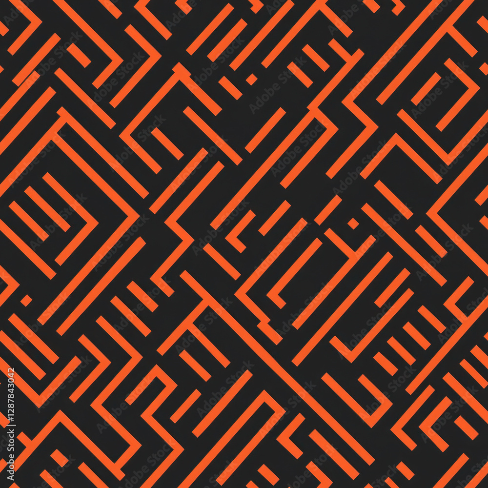 Poster maze-like geometric pattern design with intersecting orange lines on a dark grey background, visuall