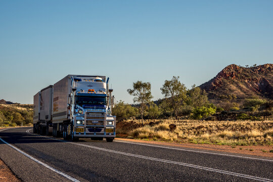 Roadtrain transporting cattle on Matilda Highway, Queensland, Australia