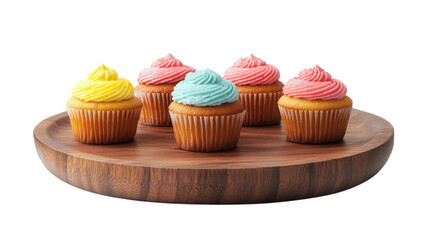 Colorful cupcakes arranged on a wooden platter create a festive dessert display for celebrations or gatherings