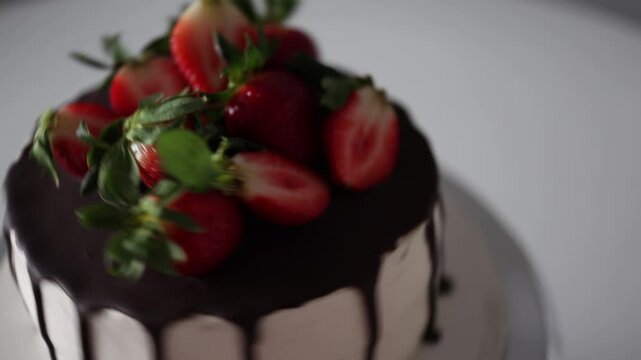 A rotating cake with a glossy chocolate glaze and fresh strawberries on top. The strawberries are perfectly placed, adding a pop of color to the rich, elegant design of the dessert.