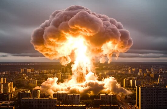A large explosion with a mushroom cloud rises over a cityscape, indicating a nuclear or large-scale blast in an urban environment.