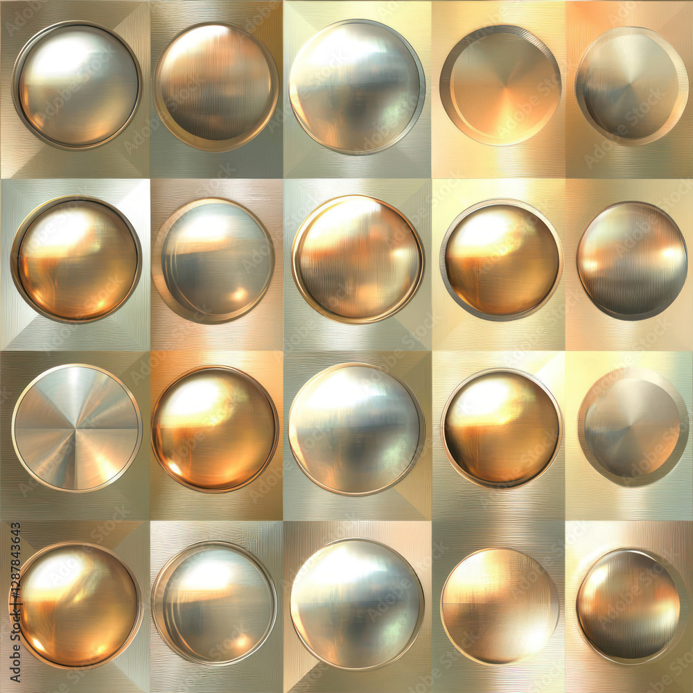 Poster metal spheres reflect light in a tiled arrangement, creating dynamic patterns and texture on geometr