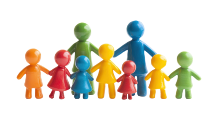 Colorful plastic figures representing family and community in a vibrant arrangement on a white background