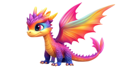 Colorful dragon character with vibrant wings standing proudly in a fantastical setting