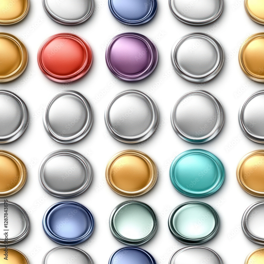 Aufkleber metallic buttons displaying color variation; arranged against a white backdrop showcasing modern pat