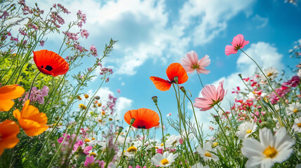 Obraz premium Flowers blooming in spring season, beautiful flowers in nature background. Spring day concept