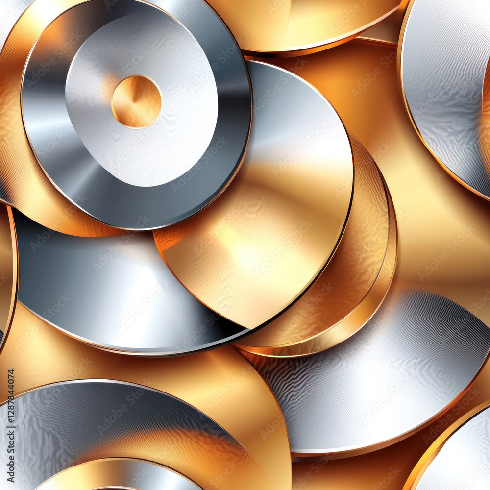 Poster metallic circles overlapping, creating depth on a golden surface. abstract composition, background