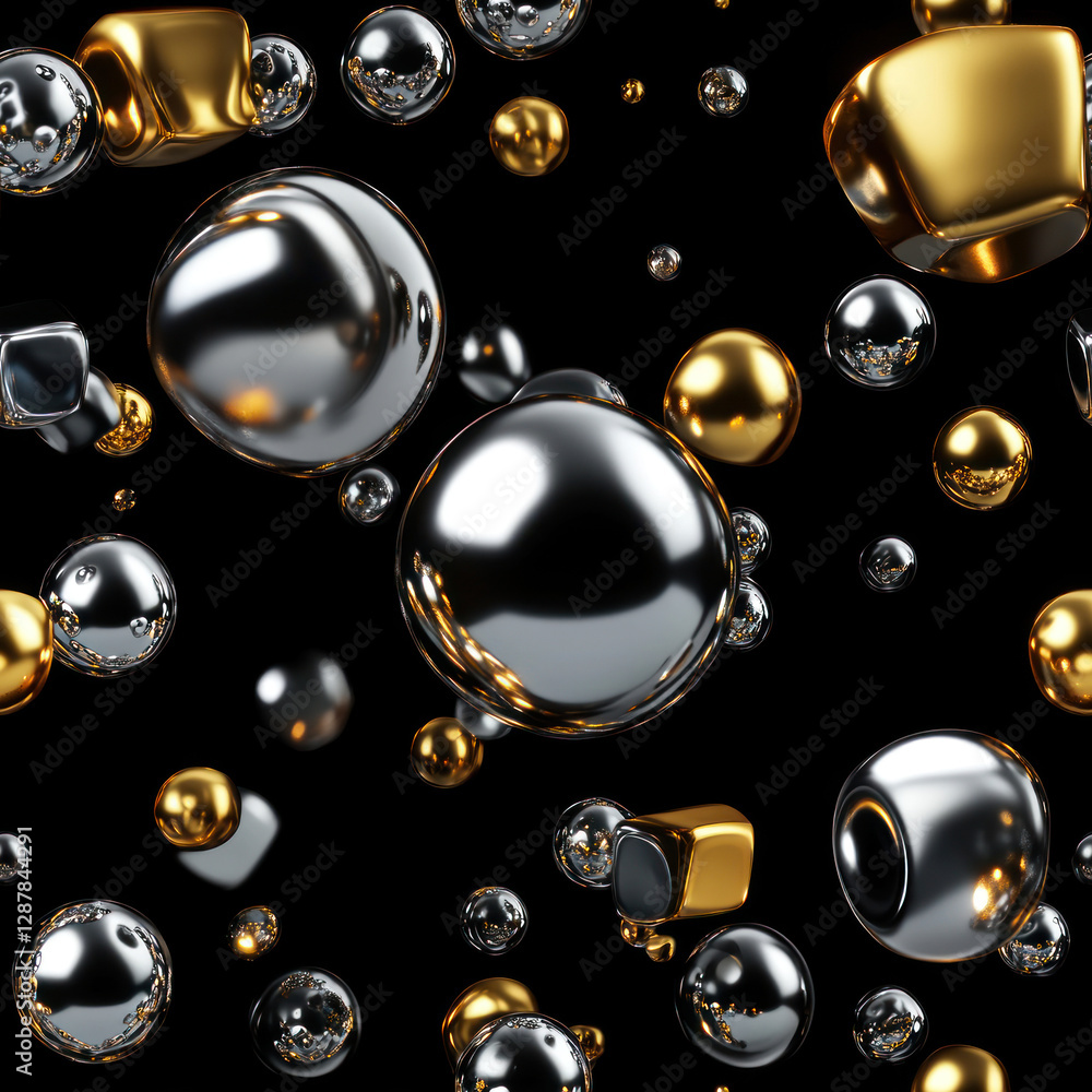 Poster metallic spheres and cubes float in a black void, reflecting light and creating an abstract, modern 