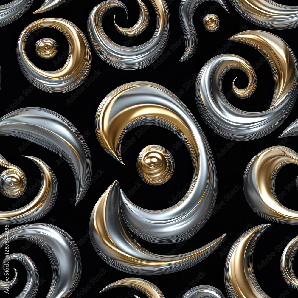Poster metallic scrolls swirling gracefully on dark backdrop, creating a fluid, elegant seamless pattern