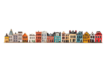 Colorful miniature houses arranged in a row showcasing vibrant architectural styles and designs