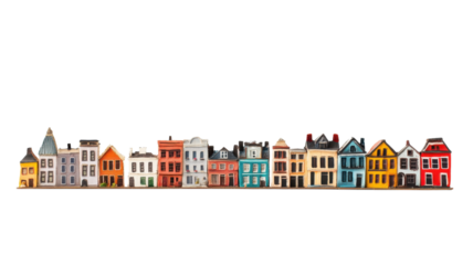 Colorful miniature houses arranged in a row showcasing vibrant architectural styles and designs