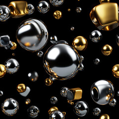 Metallic spheres and cubes float in a black void, reflecting light and creating an abstract, modern design