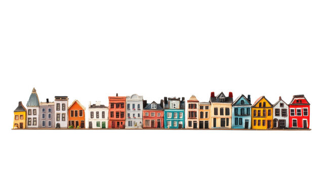 Colorful row of European townhouses, flat vector street facade skyline, isolated PNG houses for branding and web