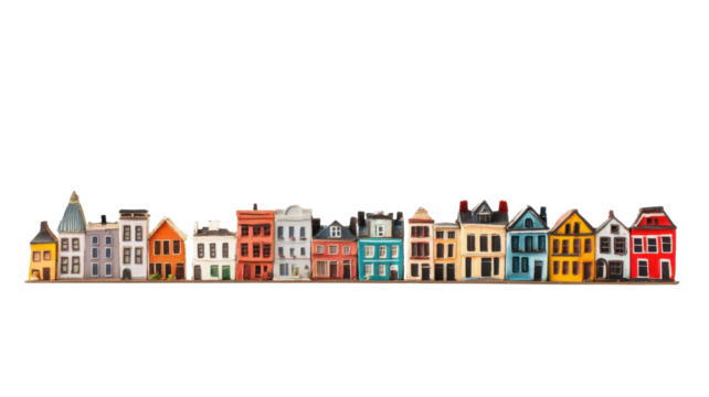Colorful miniature houses arranged in a row showcasing vibrant architectural styles and designs
