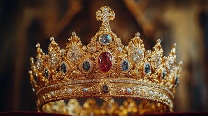 Exquisite Golden Crown Adorned with Precious Jewels Symbolizing Royalty Power and Legacy on a Dark Backdrop with a Dramatic Angle and Rich Detail