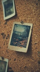 Old photos pinned corkboard; autumnal scene.