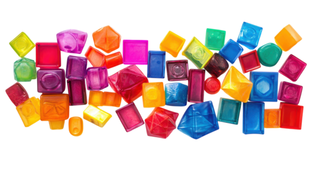 Colorful translucent building blocks scattered on a flat surface ready for creative play