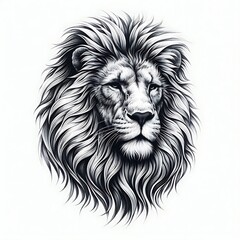 Obraz premium Detailed grayscale illustration of a majestic lion's head, featuring thick mane and facial features, set against a plain white background..