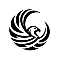 Naklejka premium Abstract graphic design of a soaring eagle's head and wings in a circular pattern.