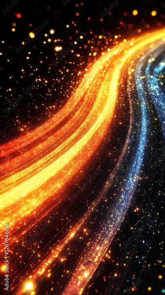 Poster abstract cosmic energy flow with vibrant orange and blue light trails on a dark background creating 