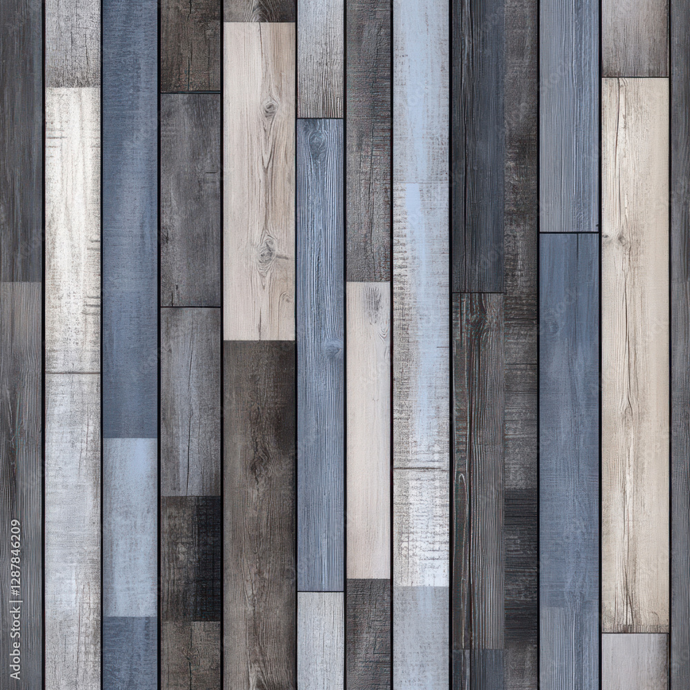 Poster multicolored wood planks forming textured wall, creating abstract background with cool tones