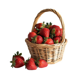 Fresh strawberries in woven basket, showcasing vibrant red color and green leaves, evoke sense of summer and abundance. Perfect for desserts or healthy snacks