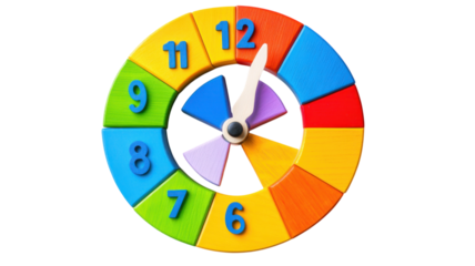 Brightly colored wooden clock toy displays numbers and moving hands for children's learning and playtime activities at home