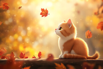 A cute orange and white kitten gazes at falling leaves in a warm, autumnal setting.