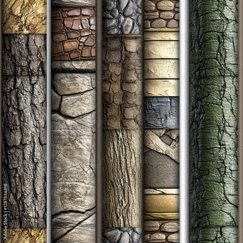 Poster nature-inspired panels with varying wood and stone textures creating an abstract design composition